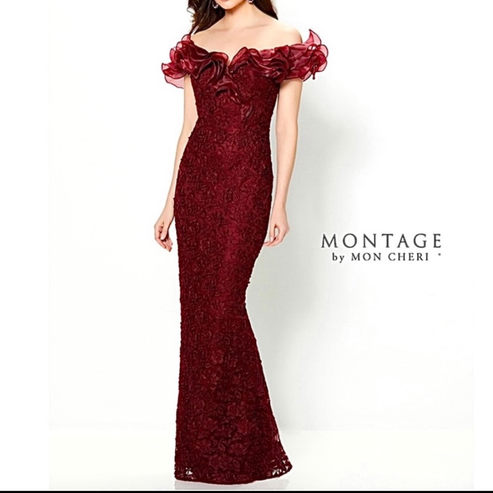 MOTHER OF THE BRIDE Montage by Mon Cheri Cranberry Lace/Organza Gown #119931